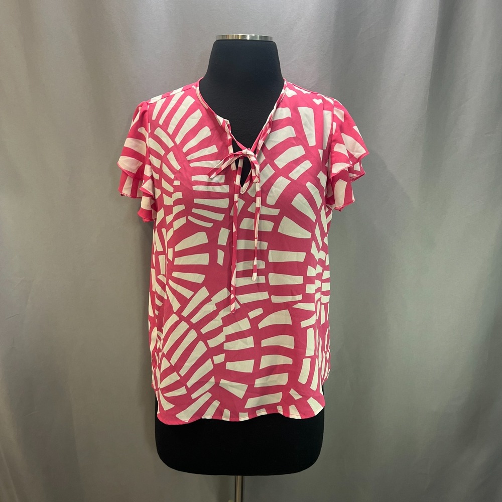New York & Company Blouse Top Womens Small Pink White Geometric Print Tie Front